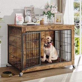 LEMBERI 38 Inch Dog Crate Furniture with Cushion, Double Doors Wooden Dog Kennel Cage Indoor with Wheels, Pet House Decorative Side End Table for Large Medium Dogs, Rustic Brown
