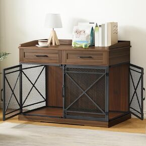 HOOBRO 43.3" Dog Crate Furniture, XL Heavy Duty Dog Kennel with Drawers, Wooden Crate Indoor Side End Table for Medium to Large Dogs, Triple Door Design, Walnut and Black