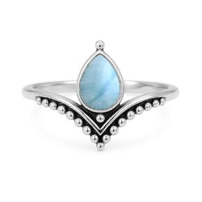 Larimar Chevron Ring 925 Sterling Silver Handmade Boho Statement Ring for Women Caribbean Teardrop Gemstone Ring Minimalist Crystal Jewelry Gift for Her By Silverekh (Larimar, 7.5)