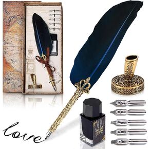 Vintage Feather Quill Pen and Ink Set - Blue Feather Pen and Ink Set, Writing and Drawing Tools with Stainless Steel Nib - Elegant Vintage Style Calligraphy Kit for Creative Hand Lettering