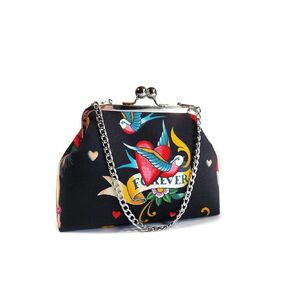 Rockabilly Tattoo Sparrows, Pinup, Roses & Hearts Kisslock Clutch, Vintage Style Evening Bag with Chain, Novelty Purse, Gift for Women