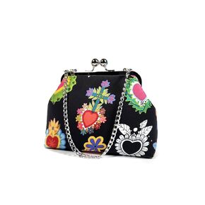 Corazones Sacred Heart Kisslock Clutch, Retro Evening Bag with Chain, Novelty Purse, Gift for Women