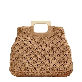 Summer Woven Straw Clutch - Polyester Lining Beach Tote Bag - Zipper Closure Wooden Handle Handbag - Casual Summer Beach Tote, Beach Purse for Women Vacation (Beige)