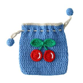 Crochet Cute Drawstring Bag Coin Purse Drawstring Pocket Bluetooth Headphone Bag Lipstick Bag Jewelry Key Case (1pc) (gradient powder)
