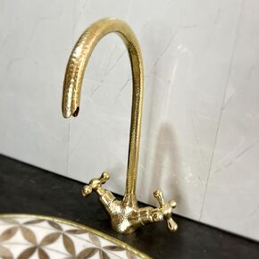 Unlacquered Brass Gooseneck Faucet, Lever Handles Faucet, Engraved Kitchen Faucet Bathroom (Style 3)