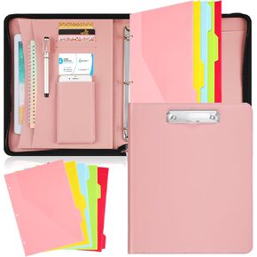 Padfolio Portfolio Organizer Binder with Zipper Leather Portfolio with 3 Ring Binder and 5 Folder Divider Pages for Tablet, Resume, Documents, Business Cards(Pink)