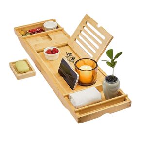 Premium Bathtub Tray - Expandable Bath Tray for Tub - Unique House Warming Bath Tub Tray Wood - Luxury Bathtub & Bathroom Accessories for New Home (Bathtub Tray Non-Engraved)