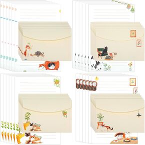 Writing Paper and Envelopes Set, 36pcs Vintage Fresh Cute Cat Letter Stationery Set, Letter Writing Paper for Invitations, Decorations Holiday Party, 24 Lined Stationery Cards with 12 Envelops