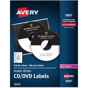 ملصقات أقراص مضغوطة Avery، باللون الأبيض غير اللامع، 250 ملصق أقراص مضغوطة و500 ملصق لعمود الفقري (5697)