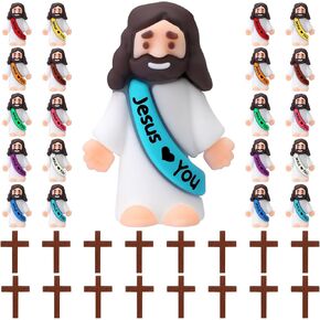 Bememo 36 Pcs Little Jesus Figures Original Design Jesus Loves You Mini Rubber Jesus Toy Wood Cross Pendant to Hide and Seek Religious Party Favors Sunday School Baptism Gift for Easter Egg Stuffers