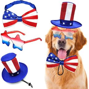 Independence Day Dog Costumes 3PCS Uncle Sam Top Hat USA Sunglasses American Flag Bow Tie Collar for Large Dogs Cats, 4th of July Outfit Patriotic Clothes Party Accessories (Large, Uncle Sam Style)