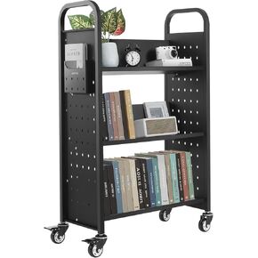 VEVOR Rolling Library Book Cart, 330 lbs Capacity, 30.3 x 15 x 48.0-Inch Library Cart, Single Sided V-Shaped Shelves with 3-Inch Lockable Wheels, Book Truck for Home Shelves Office and School, Black
