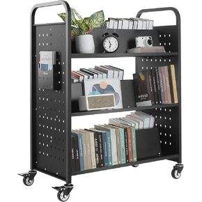 VEVOR Rolling Library Book Cart, 330 lbs Capacity, 38.2 x 20.3 x 48.2-Inch Library Cart, Double Sided W-Shaped Shelves with 3-Inch Lockable Wheels, Book Truck for Home Shelves Office and School, Black