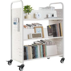 VEVOR Rolling Library Book Cart, 330 lbs Capacity, 38.2 x 20.3 x 48.2-Inch Library Cart, Double Sided W-Shaped Shelves with 3-Inch Lockable Wheels, Book Truck for Home Shelves Office and School, White