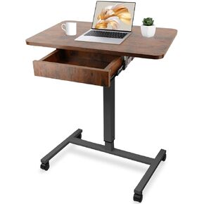 CLATINA Mobile Laptop Standing Desk, Height Adjustable Teacher Podium with Lockable Wheels, Adjustable Work Table with Drawer, Computer Cart Overbed Table for Home, Office, Classroom, Beige