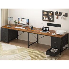 TVU 95" 2 Person Desk with 8 Drawers, Large Writing Home Office Desks with Outlets, I Shaped Workstation Double Desk Drawer Organizers (Antique White)