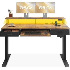 Electric Standing Desk with Drawers & Keyboard Tray, 55 Inch Height Adjustable Desk with Power Outlets & LED Lights, Sit Stand Table with Monitor Stand for Home, Office, White