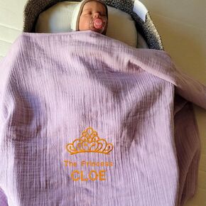Custom Baby Name Princess Tiara Prince Crown Embroidered Receiving Swaddle Cotton Blanket for Newborns, Personalized Babie Name Baby Shower Gifts,Natural Customized Nursery Decor Blankets (White)