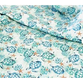 Baby Blanket- Quilted on 100% Cotton, Reversible | Sea Turtles and Starfish on Blue | Soft & Cozy Reversible Quilted Blanket