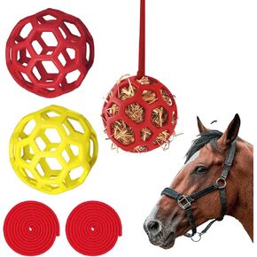 Goat Feeder Hanging Feeding Toy,Horse Treat Hay Feeder Toy, Durable TPR Feeding,for Horse Goat Sheep Relieve Stress,Stretch-Resistant Design(2pcs,Red+Yellow)