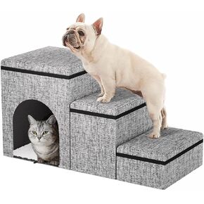 Dog Stairs with Storage, 3-Step Wider Dog Steps with Condo for Dogs and Cats, Pet Stairs for High Bed Climbing, Grey