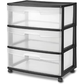 DayGo Plastic Storage Drawer Cart, Medium Home Organization Storage Container with 3 Large Clear Drawers With Wheels, Black