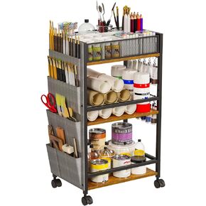 3 Tier Rolling Craft Cart & Art Cart | Side Partitioned Paint Brush Holder | Art Supply Storage Organizer with Wheels | Rolling Storage Cart for Standing Desk, Drawing & Craft Room, DIY Workshop,Gift