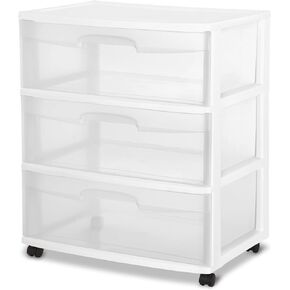 DayGo Wide 3 Drawer Cart,Medium Home Organization Storage Container with 3 Large Clear Drawers With Wheels, White