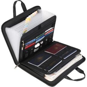Accordion File Organizer with Lock, Fireproof, Letter/A4-Size Expanding File Folder with Tabs, 13 Pockets Important Document Organizer with Handle, Portable Paperwork Business Organizer, Black