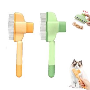 (Yellow+Green) Flea Comb for Cats Dogs Brush for Shedding, Pet Hair Removal Comb with Long & Short Stainless Steel Teeth for Deshedding with Release Button Self-Cleaning