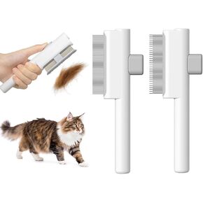 Marchul 2Pcs Pet Comb Flea Comb Set for Cats Dogs, Cat Grooming Brush with Release Button and Stainless Steel Round Teeth, Self-Cleaning Dog Combs for Removing Pet Hair, Knots & Loose Fur, White