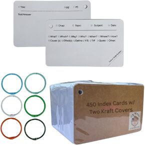 Tailored Flashcards to Curate Note Cards 5x3" Heavy Duty White Pre-made Index Cards with Rings, 450 Pack,2 Kraft Covers, 6 Binder Rings for Nursing College Students.