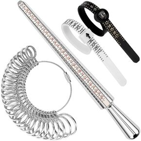 TUNQISM 4 Pcs Ring Sizer Measuring Tool Kit, Ring Mandrel Measurer, 27 PCS Premium Steel Measuring Ring Tool, US Ring Size 0-13, 2 PCS Reusable Finger Size 1-17 USA Rings Size with Magnified Glass
