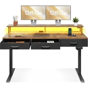 Electric Standing Desk with Drawers, 55 Inch Height Adjustable Desk with Power Outlets & LED Lights, Sit Stand Table with Monitor Stand for Home, Office, Workstation, White