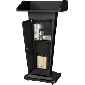 Heavy-Duty Black Metal Podium Stand with Lockable Wheels | Mobile Lectern with Storage Cabinet & Adjustable Height | for Conference Rooms, Churches, Classrooms & Events