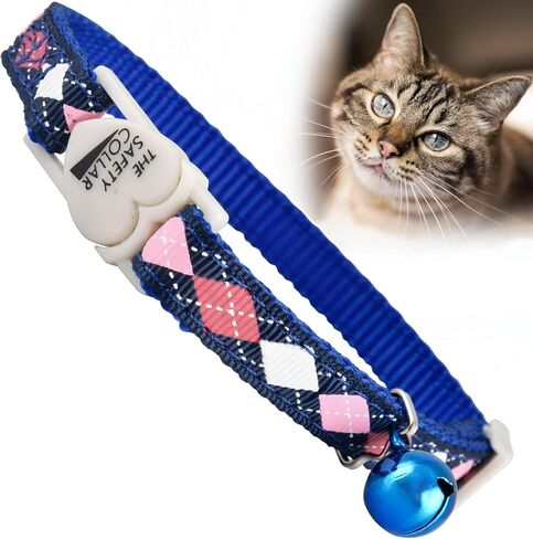 Jeffers Pet Cat Collar with Bell – Durable Breakaway Plastic Buckle Safety Collar for Kittens & Adult Cats, Adjustable Single Ply Nylon, Indoor & Outdoor Use – Argyle Pattern, Blue in Saudi Arabia