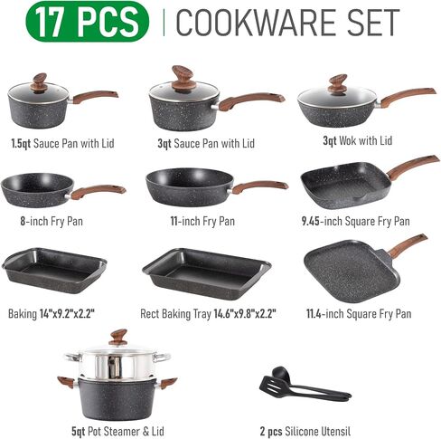 MAISON ARTS 17 Piece Pots and Pans Set Non Stick, Kitchen Cookware Sets with Nonstick Granite Stone Coating, Suitable for Induction Cooktops, Black in Saudi Arabia