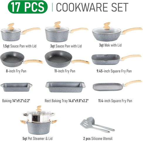MAISON ARTS 17 Piece Pots and Pans Set Non Stick, Kitchen Cookware Sets with Nonstick Granite Stone Coating, Suitable for Induction Cooktops, Black in Saudi Arabia