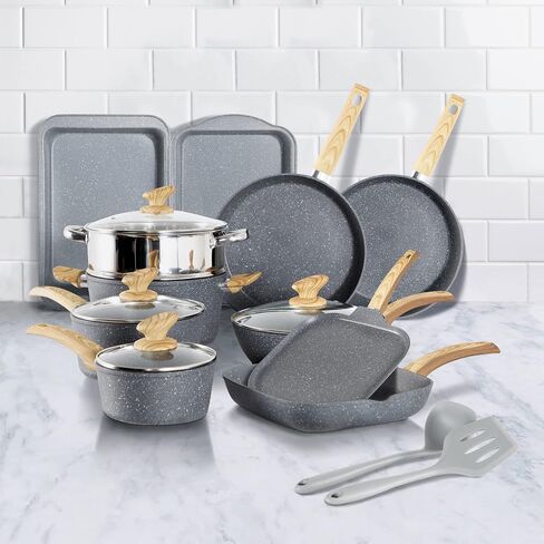 MAISON ARTS 17 Piece Pots and Pans Set Non Stick, Kitchen Cookware Sets with Nonstick Granite Stone Coating, Suitable for Induction Cooktops, Black in Saudi Arabia