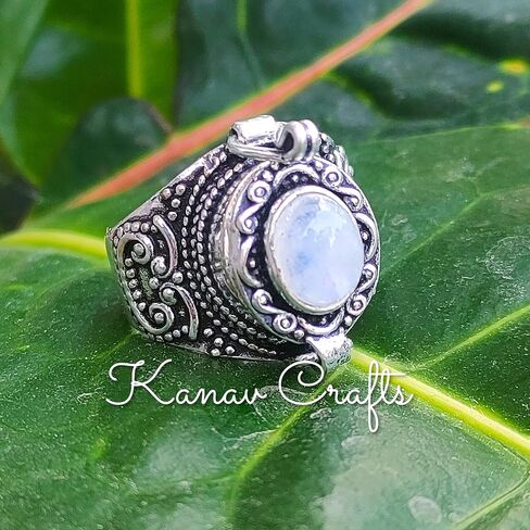 Natural Rainbow Moonstone Ring, Poison Box Ring, Storage Box Ring, Moonstone Jewelry, June Birthstone Ring, Openable Poison Ring, Locket Ring, Blue Flash Ring, Artisan design Ring (7) in Saudi Arabia