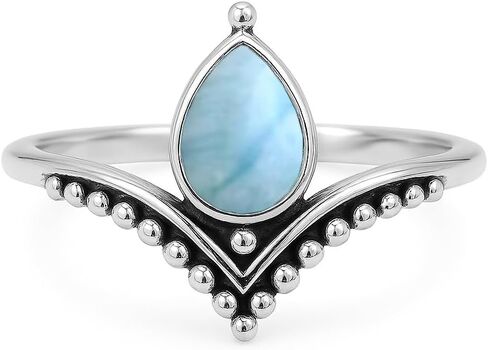 Larimar Chevron Ring 925 Sterling Silver Handmade Boho Statement Ring for Women Caribbean Teardrop Gemstone Ring Minimalist Crystal Jewelry Gift for Her By Silverekh (Larimar, 7.5) in Saudi Arabia