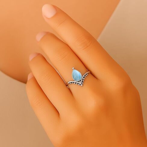 Larimar Chevron Ring 925 Sterling Silver Handmade Boho Statement Ring for Women Caribbean Teardrop Gemstone Ring Minimalist Crystal Jewelry Gift for Her By Silverekh (Larimar, 7.5) in Saudi Arabia