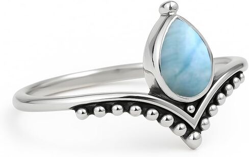 Larimar Chevron Ring 925 Sterling Silver Handmade Boho Statement Ring for Women Caribbean Teardrop Gemstone Ring Minimalist Crystal Jewelry Gift for Her By Silverekh (Larimar, 7.5) in Saudi Arabia