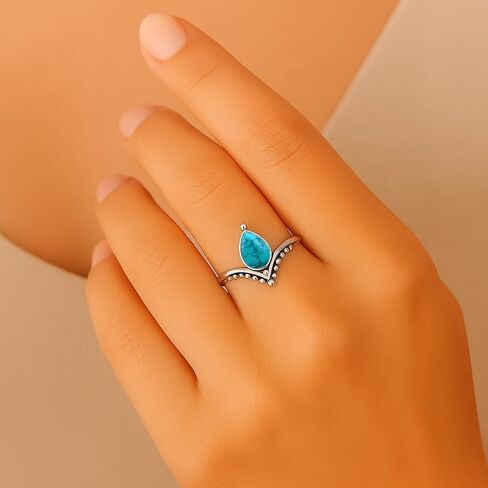 Larimar Chevron Ring 925 Sterling Silver Handmade Boho Statement Ring for Women Caribbean Teardrop Gemstone Ring Minimalist Crystal Jewelry Gift for Her By Silverekh (Larimar, 7.5) in Saudi Arabia