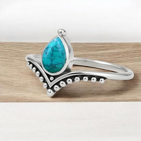 Larimar Chevron Ring 925 Sterling Silver Handmade Boho Statement Ring for Women Caribbean Teardrop Gemstone Ring Minimalist Crystal Jewelry Gift for Her By Silverekh (Larimar, 7.5) in Saudi Arabia