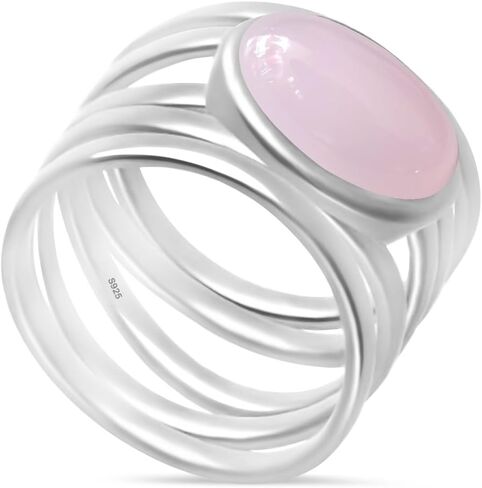 Oval Natural Pink Jade Stone Wide Band Ring,Sterling Silver Multi Lines Crystal Quartz Gemstone Chunky Full Finger Thumb Band Ring Jewelry for Women Her (A06_Pink Jade, 8) in Saudi Arabia