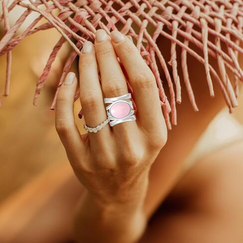 Oval Natural Pink Jade Stone Wide Band Ring,Sterling Silver Multi Lines Crystal Quartz Gemstone Chunky Full Finger Thumb Band Ring Jewelry for Women Her (A06_Pink Jade, 8) in Saudi Arabia