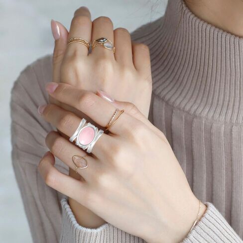 Oval Natural Pink Jade Stone Wide Band Ring,Sterling Silver Multi Lines Crystal Quartz Gemstone Chunky Full Finger Thumb Band Ring Jewelry for Women Her (A06_Pink Jade, 8) in Saudi Arabia