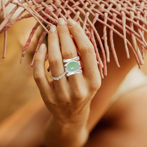 حلقة فرقة عريضة الحجر البيضاوي الطبيعية ، والفضة الفضية الجنيه الفضية المتعددة الكريستال الكوارتز الأحجار الكبرى مكتنزة الكاملة إصبع الإبهام المجوهرات الدائري للنساء لها (A06_Pink Jade ، 8) in Kuwait