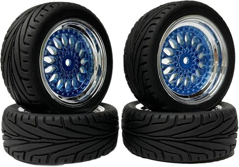 4PCS RC On-Road Car Tyres 65mm Rubber Tire and Plastic Plating Wheel Rims for 1:10 RC Run-flating Racing Touring Car for Tamiya HSP HPI Kyosho(Silver,Offset:6mm) in Saudi Arabia